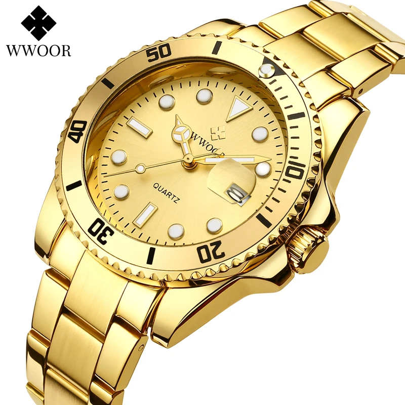 WWOOR Luxury Watch for Men Sport Waterproof Luminous Gold Men's Watches Full Steel Quartz Men Watch Date Business Montre Homme