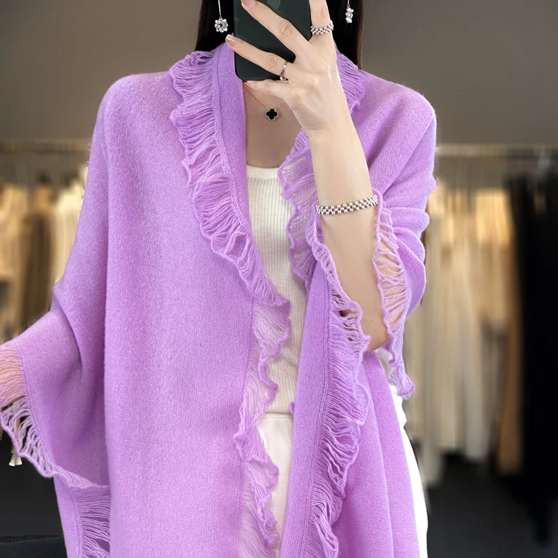 Women\'s Shawl 100% Pure Wool Cape Knitted Sweater With A 2024 Autumn/Winter Fashionable Loose And Versatile Scarf Korean Version