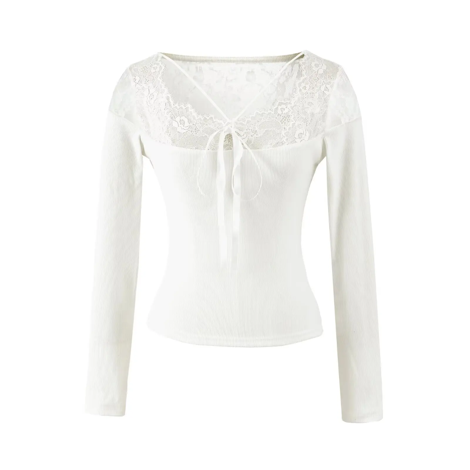 T-shirt da donna in maglia a costine con scollo a V impiombate in pizzo T-shirt slim elastiche a maniche lunghe sexy