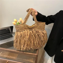 Hollow Out Tote Bags For Women Luxury Designer Handbag Purse New Weave Large Capacity Tassel Shoulder Straw Beach Bag