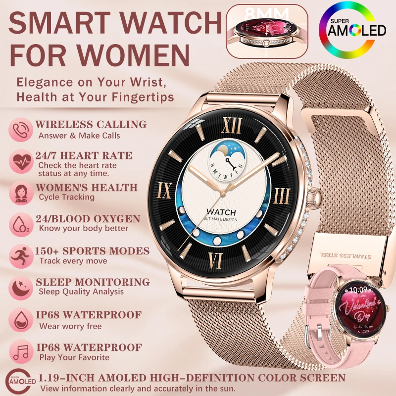 2026 New stylish and elegant ladies' smart watches are true AMOLED HD display 8mm ultra-thin call message display sports healthy