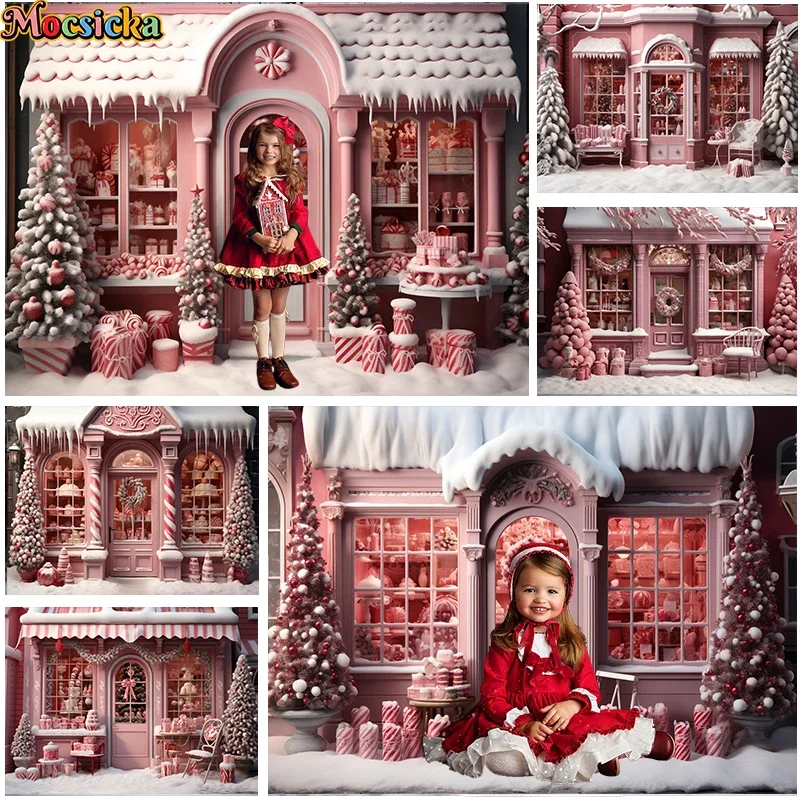 

Mocsicka Pink Xmas Candy Store Background For Kids Family Portrait Photography Christmas Tree Wreath Gift Box Decor Props