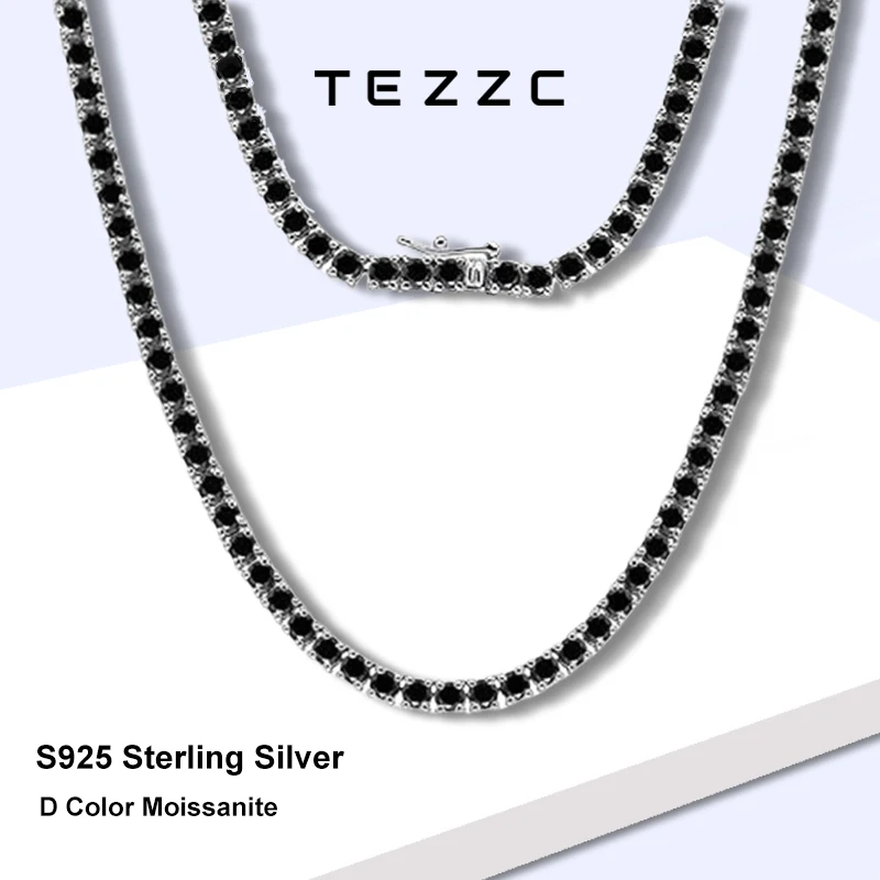 Tezzc 5/6.5mm Full Black Moissanite Tennis Necklace for Women Man 925 Silver with Gold Plated Unisex Hiphop Neck Chains Jewelry