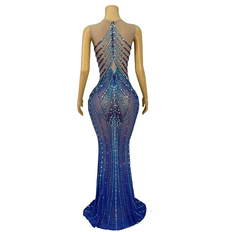 Shiny Blue Rhinestone Temperament Hip-wrapped Fishtail Skirt Adult Model Catwalk Trendy Clothes Annual Meeting Host Performance