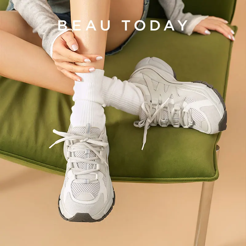 

BEAUTODAY кроссовки на платформе, женские сетчатые однотонные дышащие кроссовки, женская обувь на толстой подошве со шнуровкой и круглым носком, ручная работа 29462