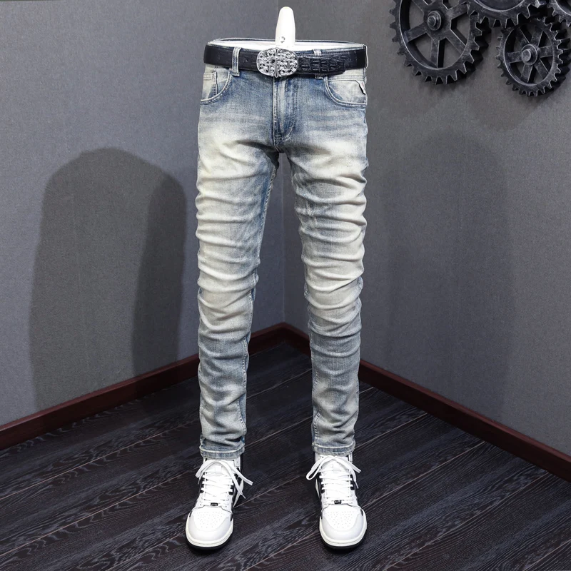 

Fashion Designer Men Jeans Retro Light Blue Stretch Slim Fit Ripped Jeans Men High Quality Italian Style Vintage Denim Pants