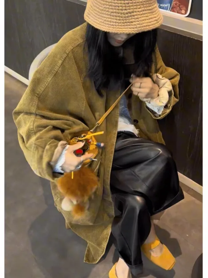 2025 Autumn Winter New Sle Women's Retro Corduroy Jaet Coat Long Sve  Collar Single Button Closure  Color