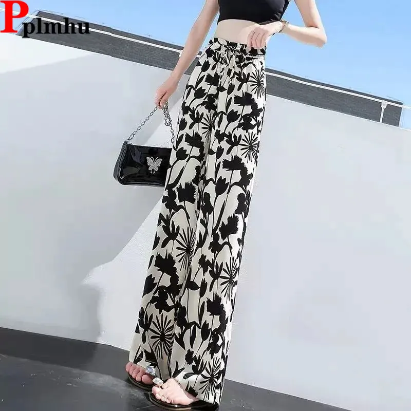 

Summer Printed Women Wide Leg Pants Korean Fashion Thin Baggy High Waist Trousers Big Size 4xl New Casual Straight Pantalone