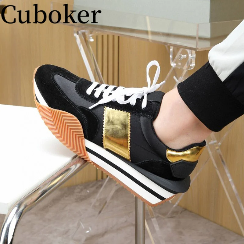 Designer Brand 2024 Spring Color block Women\'s sneakers Round Toe Thick Platform Lace up Men\'s Trainers Causal Men Shoes