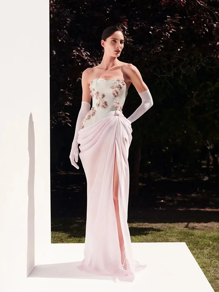 

LAYXHS Exquisite Pink Strapless Formal Evening Dresses 3D Flowers Mermaid Side Slit Pleat Prom Dresses Customized فساتين سهرات