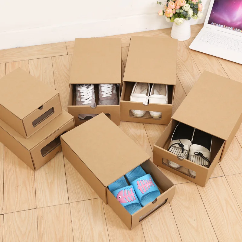 NEW Kraft Paper Shoe Boxes DIY Multifunction Foldable Eco-friendly Drawer Stackable Dust-proof Boots Organizer Case Shelf Stack