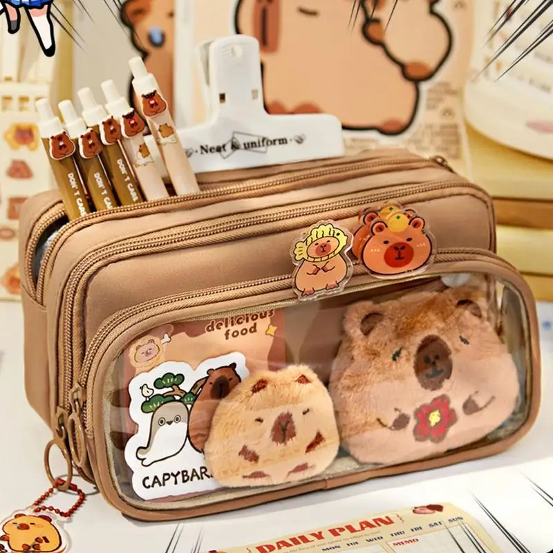 Capybara Pencil Case Capybara Print Quirky Fun Cute Pencil Pouch With 10 Compartments Multi-layer Large Capacity Wide Opening