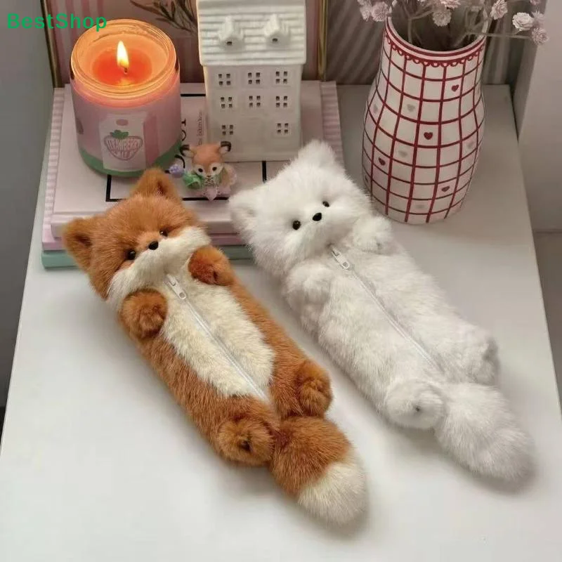 ⚑ Niedliches Plüsch-Fuchs-Federmäppchen, Flauschiges Tier-Schreibwaren-Etui mit Reißverschluss, Kawaii Stifttasche für Schule und Büro