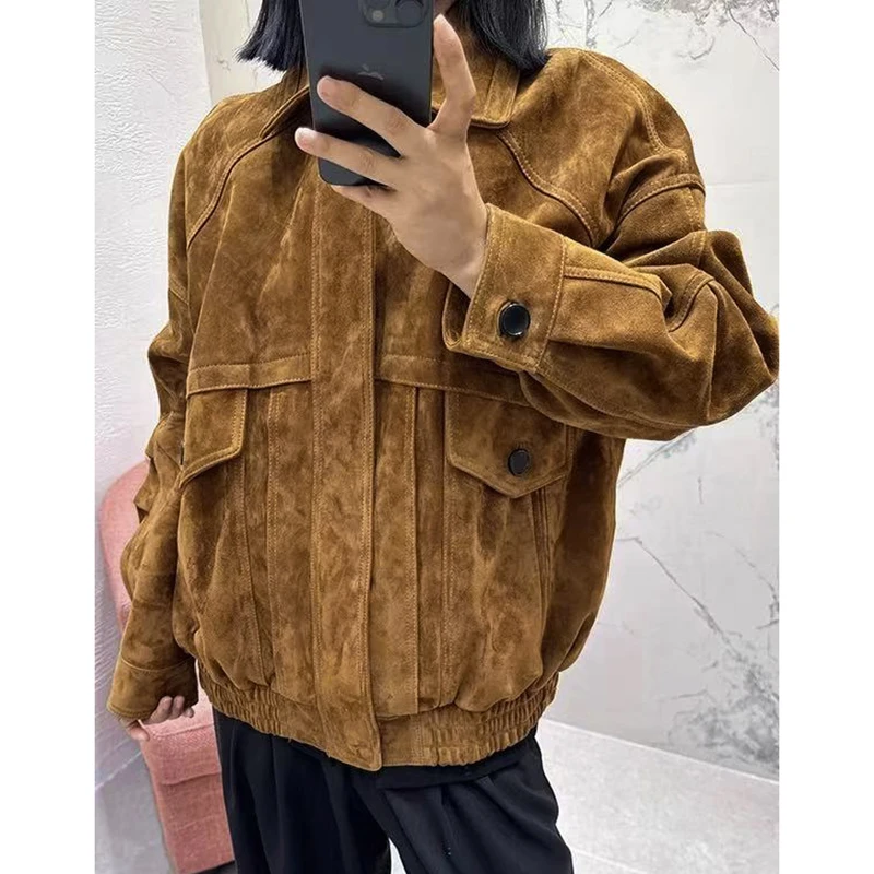 여성용 리얼 스웨이드 재킷 가을 겨울 루즈핏 라펠 지퍼 툴링 포켓 그레이/브라운 염소 가죽 프로필 코트 몬타우 여성용