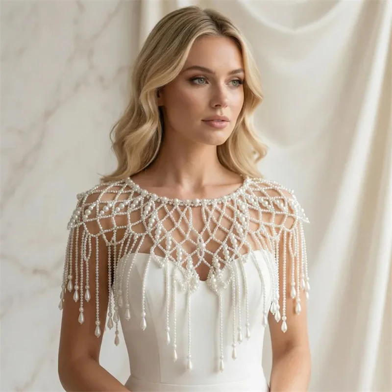 Brautschal mit Perlenbesatz, handgefertigter Quastenschal als Schulterüberzug für Braut, Abendgarderobe, Hochzeit/Brautaccessoires 2026 – Detail 2