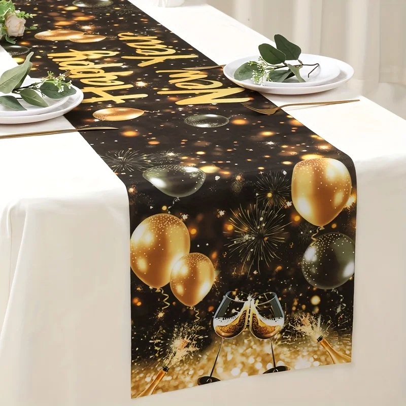 1 قطعة 2026 مفرش طاولة السنة الجديدة | تصميم الألعاب النارية باللونين الأسود والذهبي | مفرش المائدة مربع | متينة للعام الجديد #3