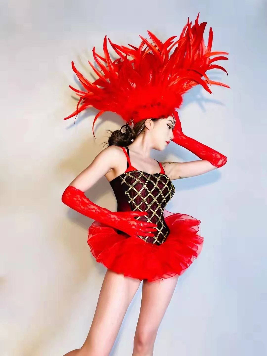 Costume de brevSexy avec Plumes Rouges, Tenue de Soirée, Discothèque, DJ, Mini Robe, Spectacle, Bar, Scène