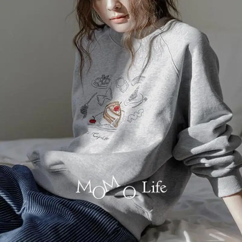 

Женская толстовка с круглым вырезом и вышивкой в корейском стиле, из смесового хлопка, для ранней весны, повседневная, универсальная, с рукавами реглан, тонкий топ