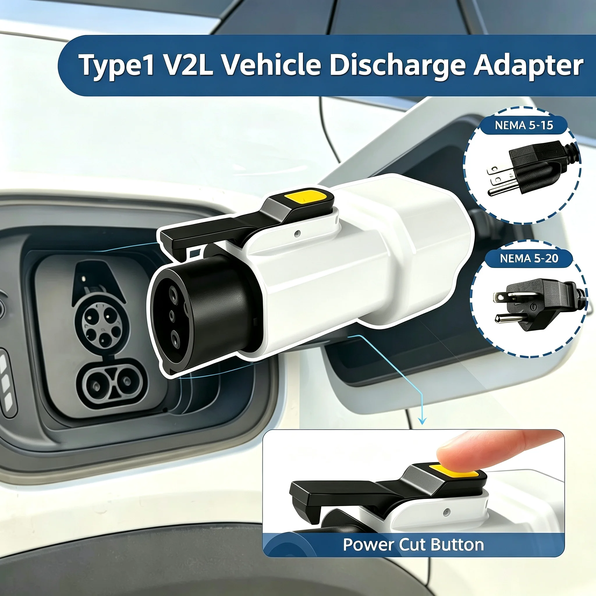 J1772 Type1 V2L Adapter, Convert EV to Mobile Power Bank, NEMA 5‑15 & NEMA 5‑20 Output with Power Cut Button for Camping RV