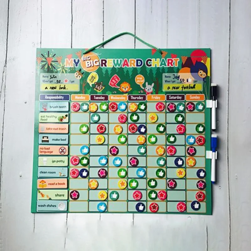 Tableau des tâches de comportement de récompense magnétique pour enfants Calendrier large magnétique avec marqueurs effaçables à sec et comportements