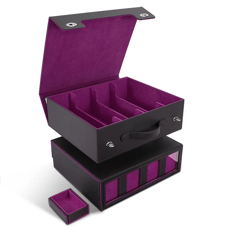 Trading Card Storage Box with Display Window, 4-Row Deck Case with Removable Lid & Handle, 3000+ Card Organizer with Colorful Dividers & Stoppers for MTG