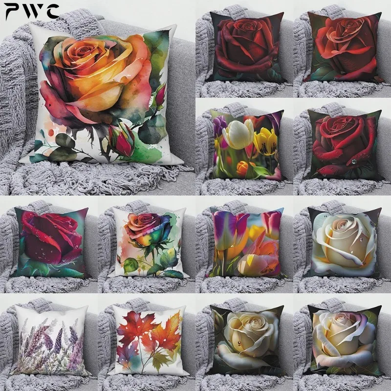 

Nordic style romantic rose flower print pattern cushion cover for home living room sofa decoration square pillowcase 45 * 45cm