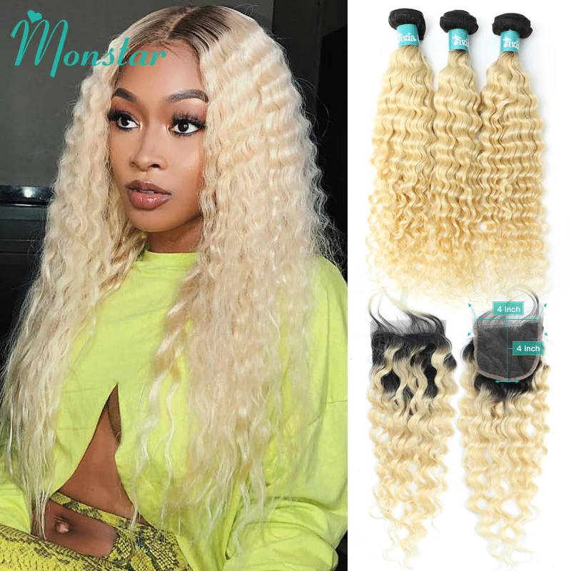 Monstar Blonde Ombre Color 1B 613 Bundles with Closure Brazilian Remy Human Hair Deep Wave 2 3 4 Bundles with 4x4 Lace Closure