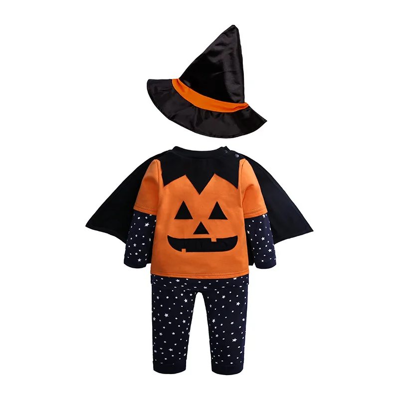 

Children's Clothing 2024 Autumn Outfit Children's Halloween Pumpkin Set Baby and Long Sleeved Pants Hat Cloak Four Pieces