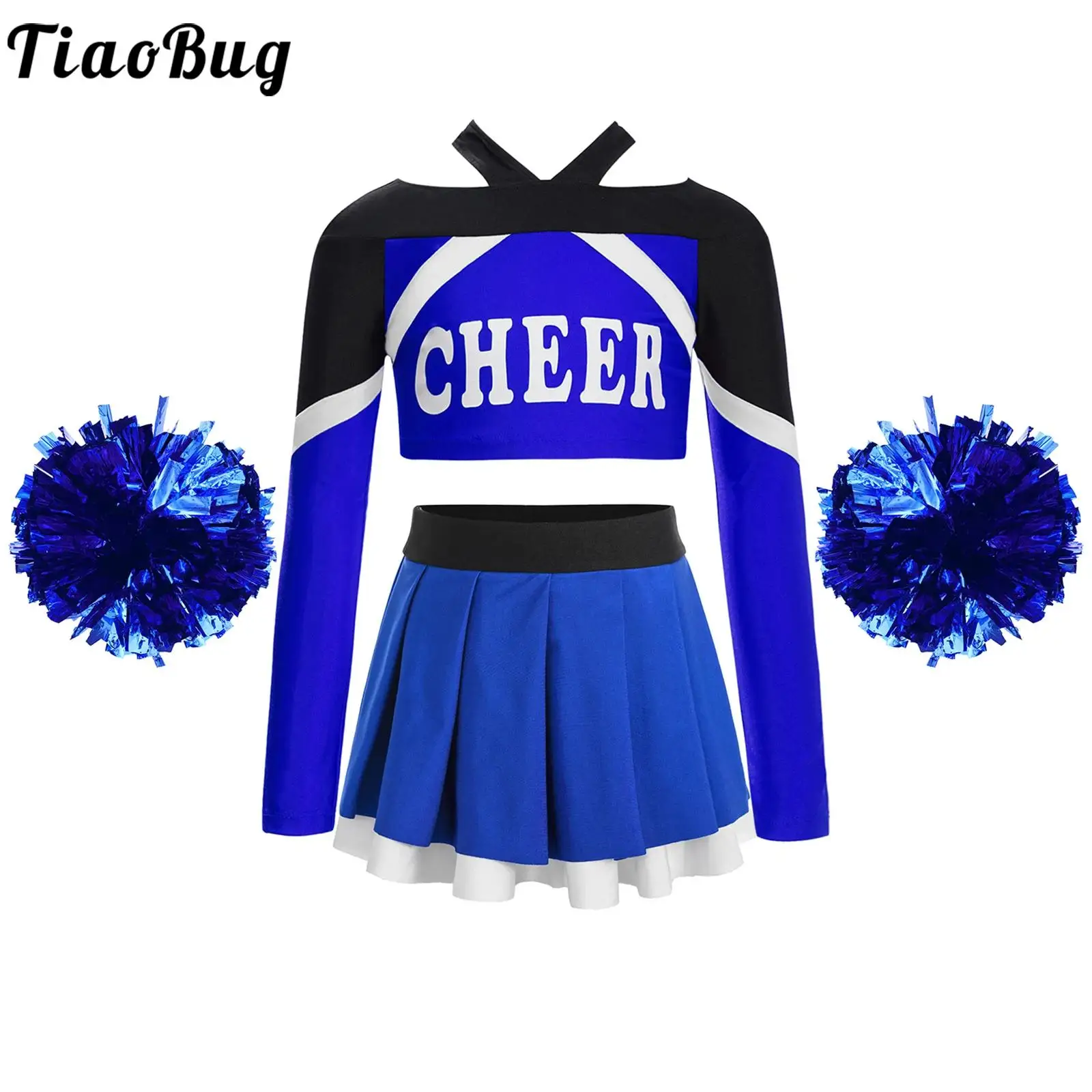 

Girls Cheerleading Uniform Dance Costume Cheerleader Outfit Letter Print Crop Top Skirts And Flower Team Sports Dress Up Set