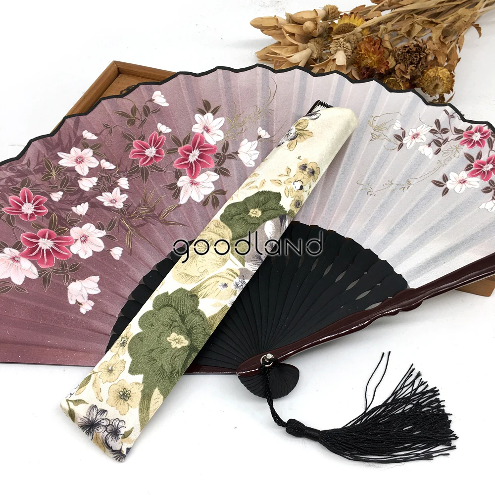 Free Shipping 1pcs Silk Damask Bamboo Flower Printing 23cm*42cm Big High Quality Hand Fan Christmas Decor Christmas Gifts