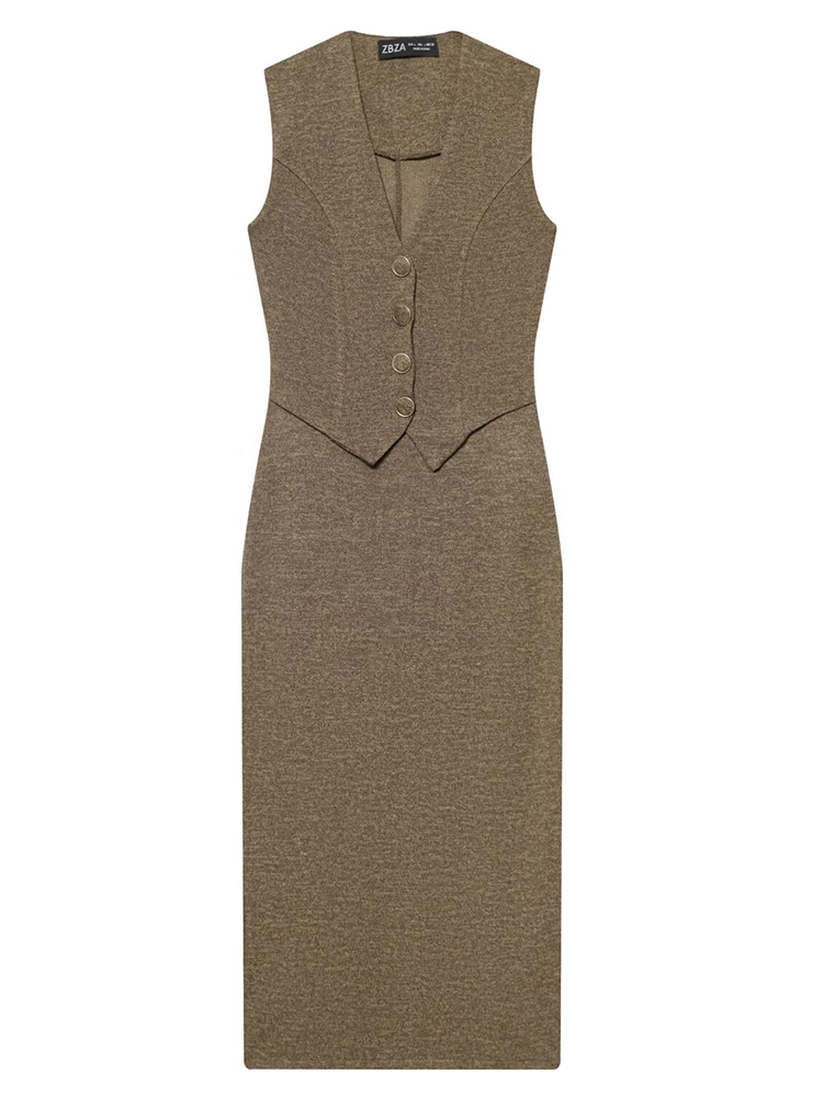 เดรสผู้หญิงทรงเวสต์แบบต่อผ้า ชุดเดรสยาวสำหรับฤดูใบไม้ผลิและฤดูร้อน ปี 2026 ติดกระดุม แขนกุด คอวี ความยาวปานกลาง สไตล์ลำลองสำหรับใส่เที่ยว