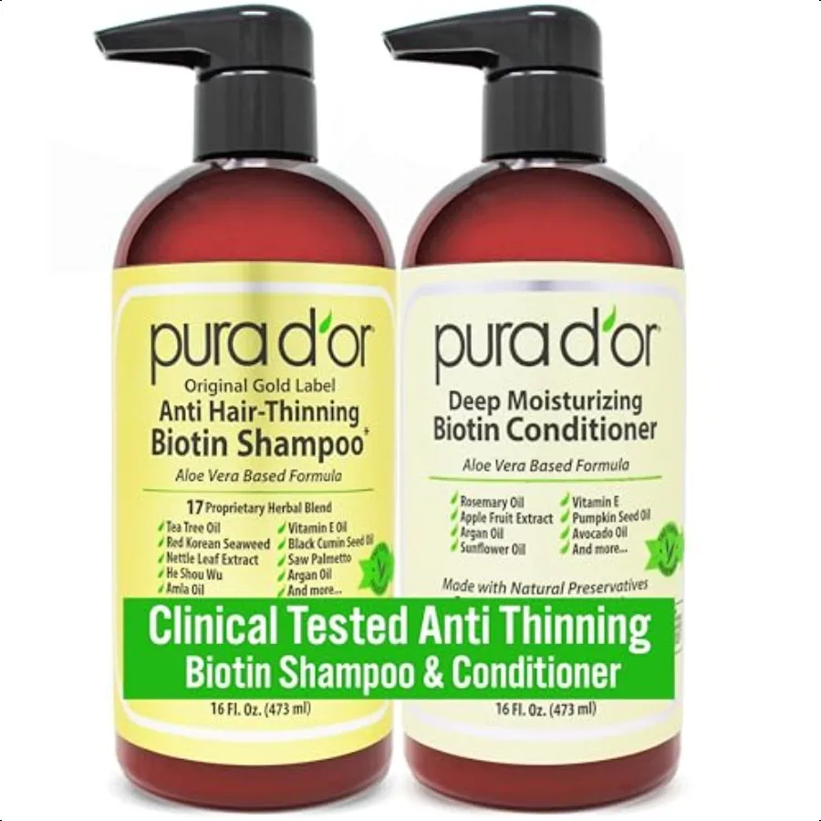 

PURA D'OR AntiThinning Biotin Shampoo Deep Moisturizing Conditioner Original Gold Label Set 16oz x2 Natural Earthy Scent CLINIC