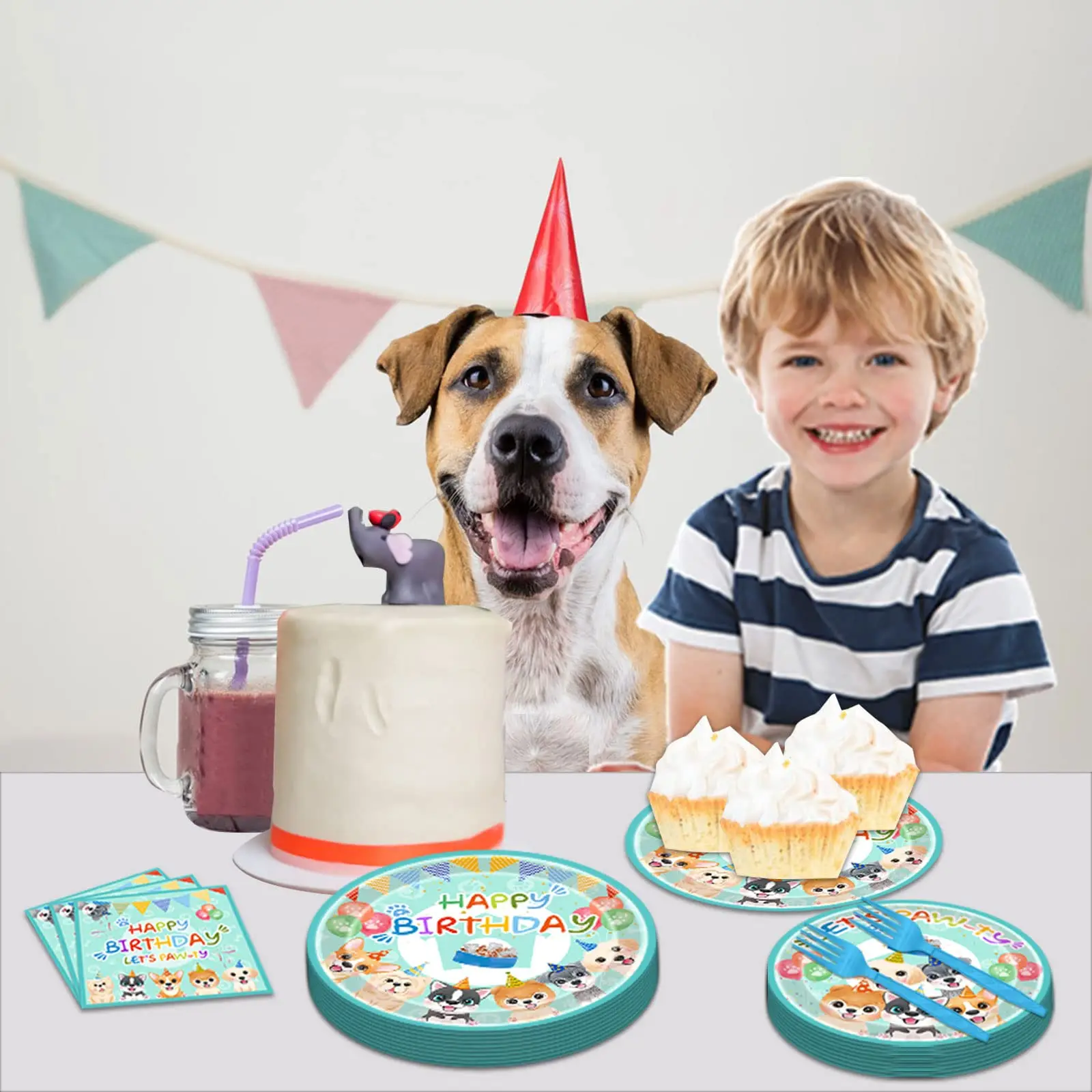 New Style Green Pet Dog Birthday Party Decorations Including Dogs Face Banner Puppy Paper Plates Cups Tablecloth Supplies Favors