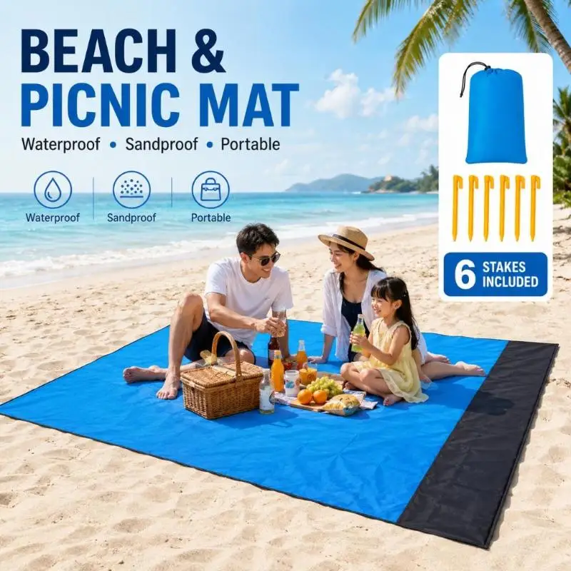 Portable Waterproof Beach Mat 200x210cm Sand Free Foldable Pocket Picnic Blanket for Concerts Park Outings Family Gatherings