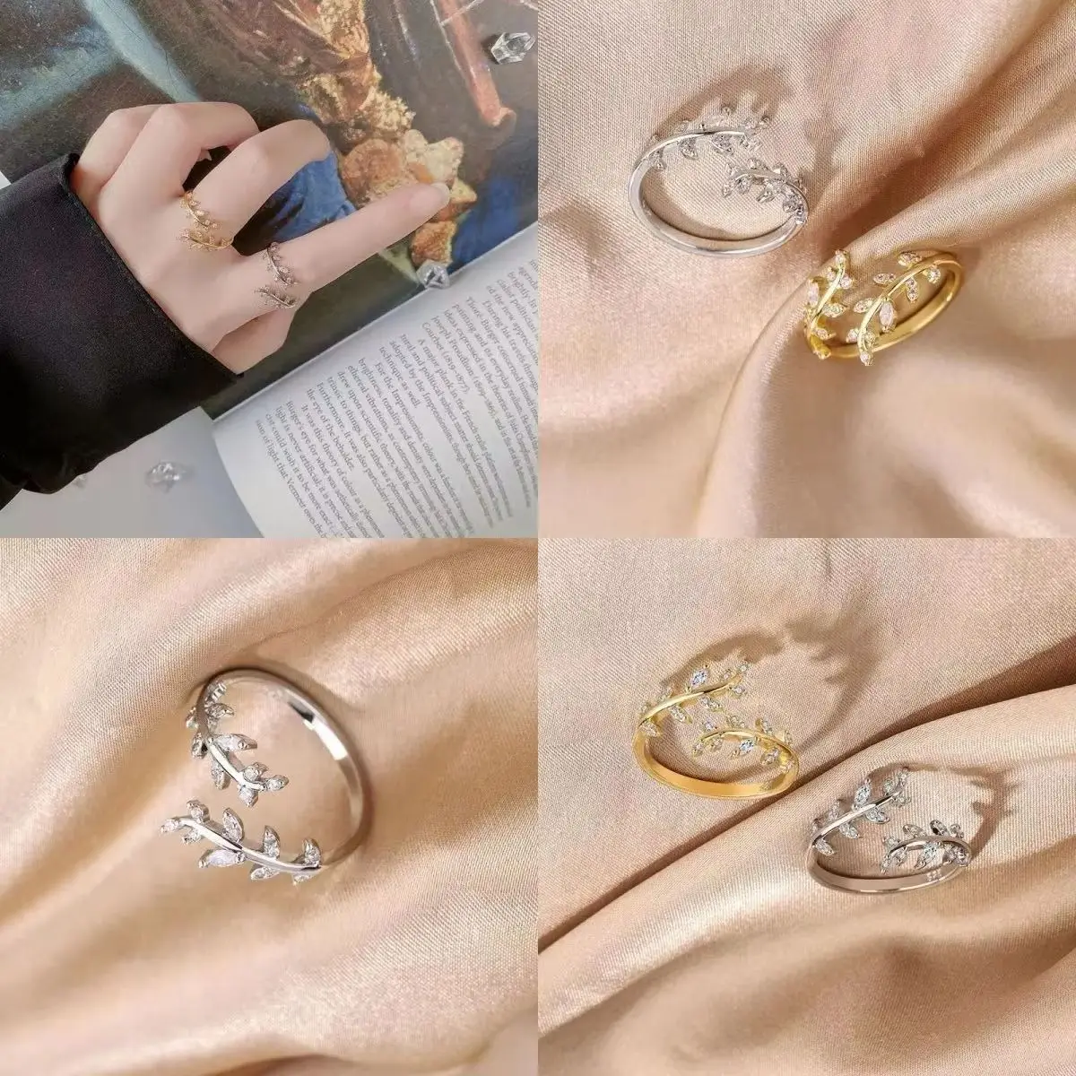 Women's Geometric Leaf-Shaped Ring with Diamond Encrusted Opening Zircon Alloy Trendy Jewelry Gift for Valentine's Day