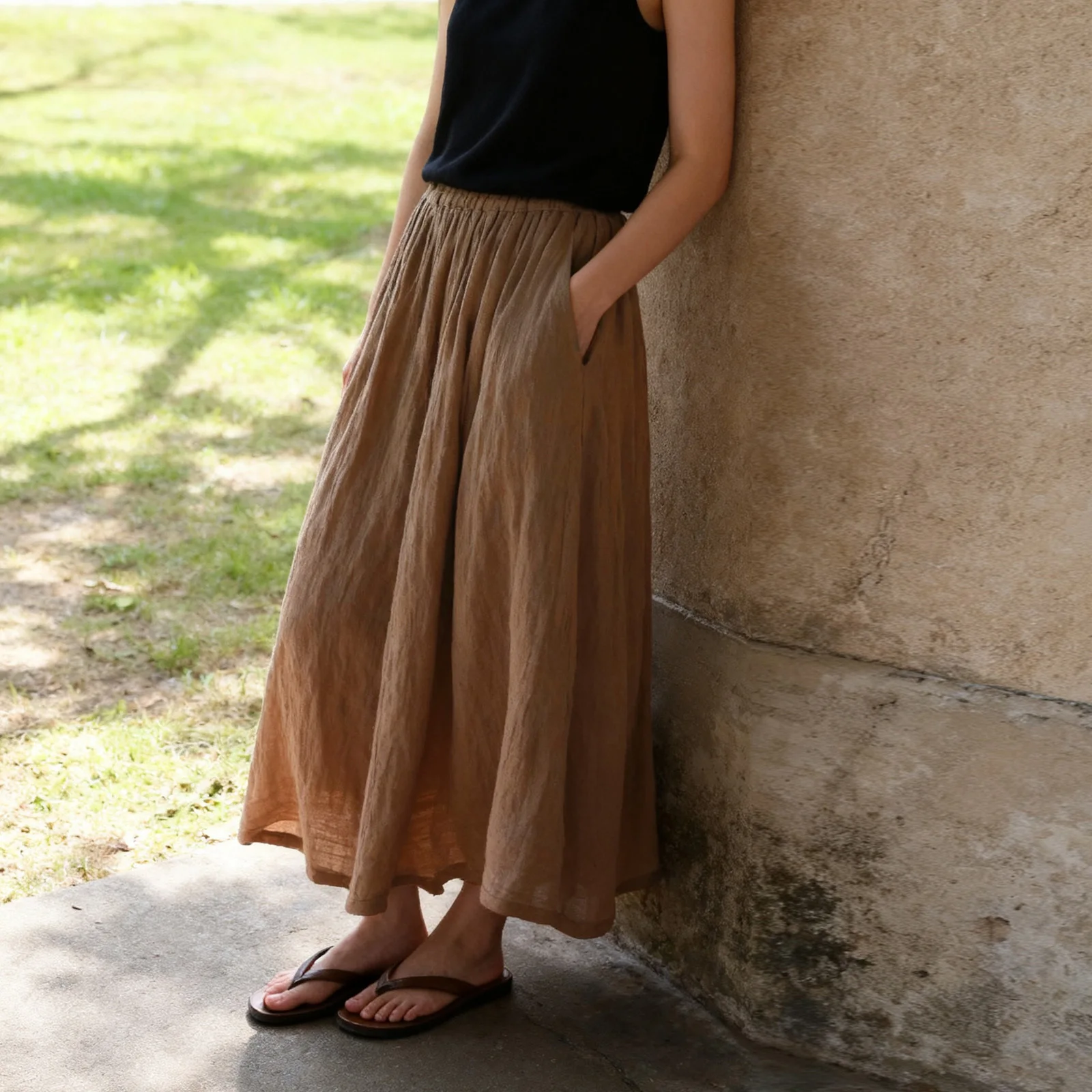 Women Cotton Ramie Skirts New Summer Chinese Style Elastic Waist Solid Color Soft Female Loose A-Line Skirts