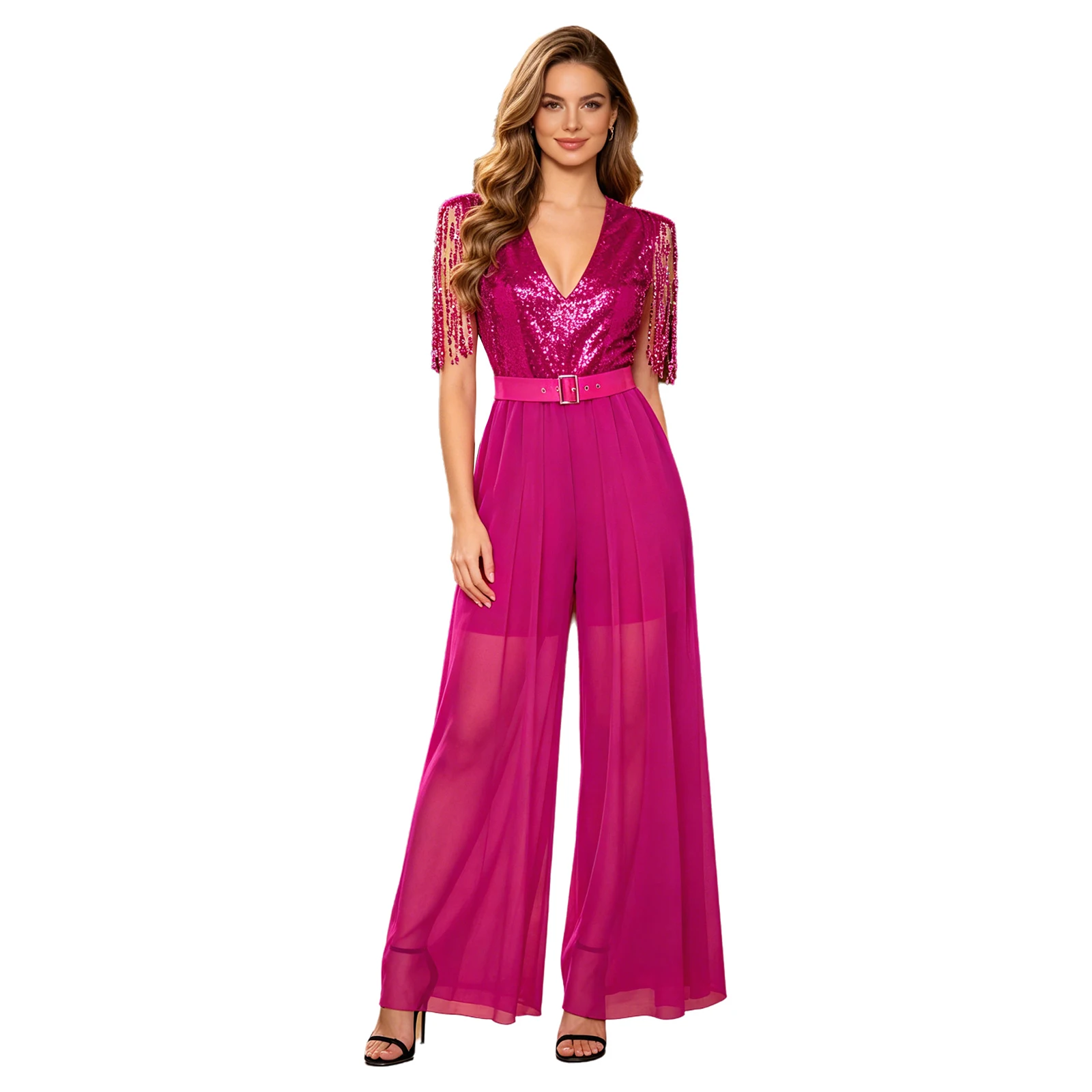 Women Cocktail Club Party Romper Tassel Sequin Jumpsuits Fringe Jumpsuit Evening Costume 70s 80s Disco Outfit Wide Leg Pants