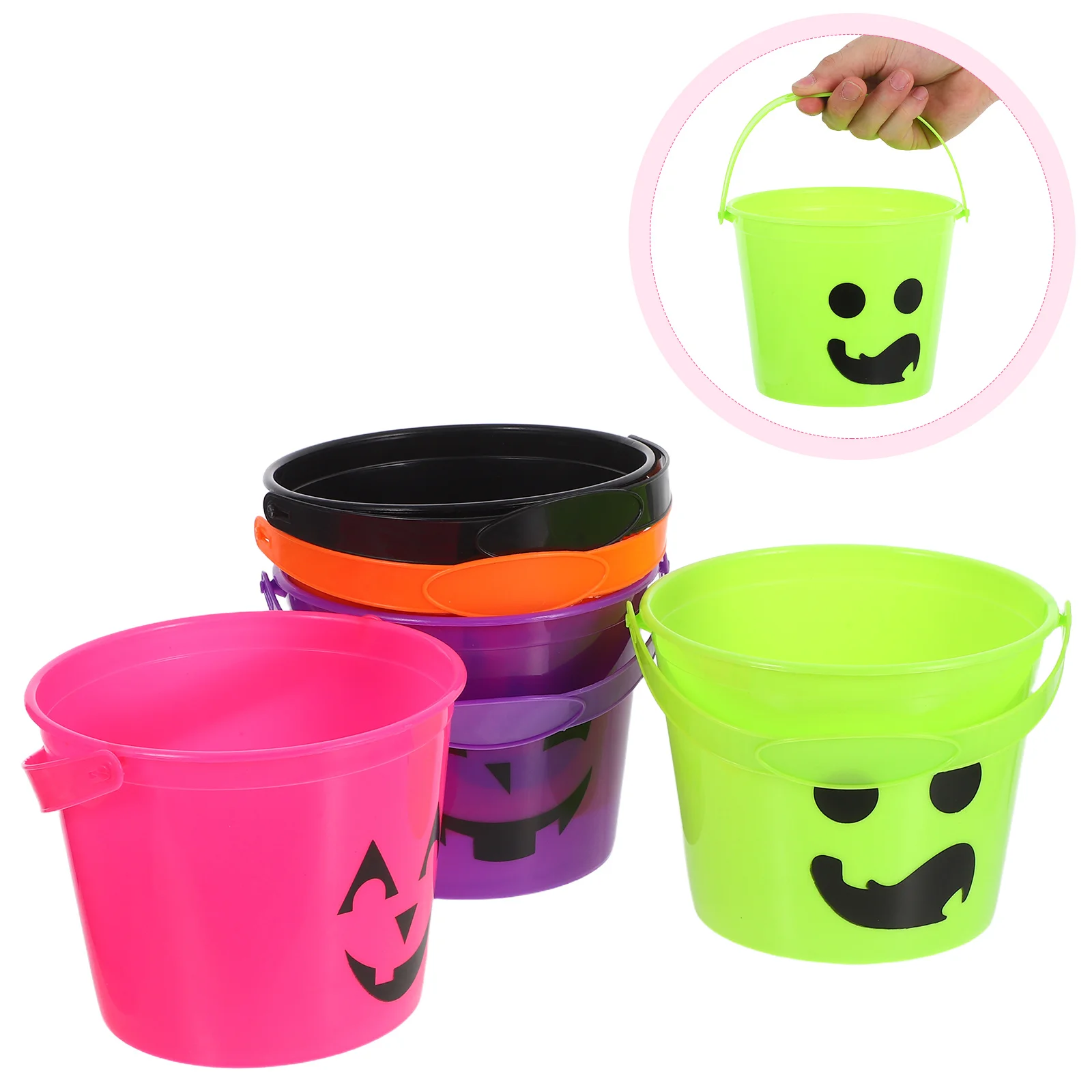 

Trick or Treat Bucket Portable Pumpkin Basket Halloween Handle Plastic Candy Child
