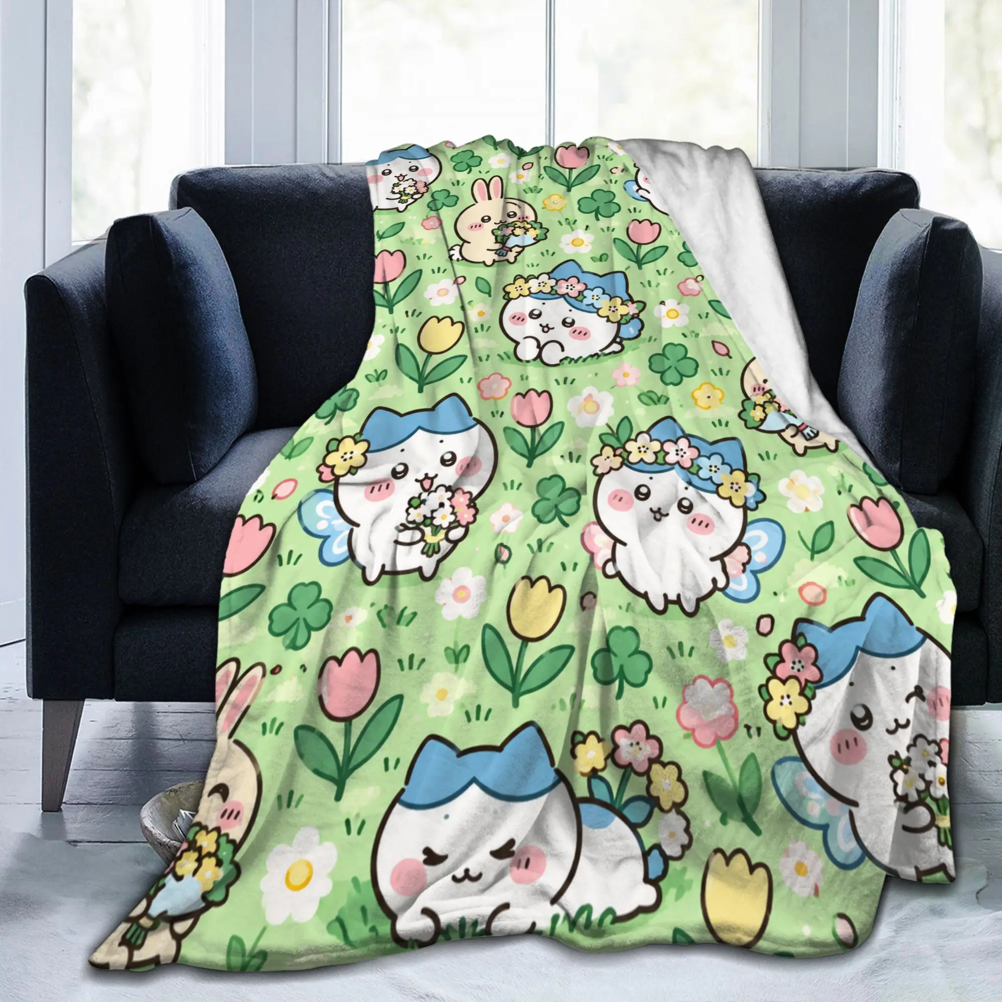 C-ChiikawaS Peach Floral Design Flannel Blanket  Warm Bedding Throws for Living Room Decorative Novelty Bedspread Sofa Bed Cover