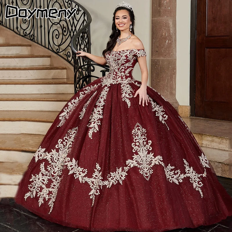 Doymeny Appliques Off Shoulder Quinceañeras Dresses Floor Length Sleeveless Vestidos De 15 Beaded Años Birthday 16 فساتين