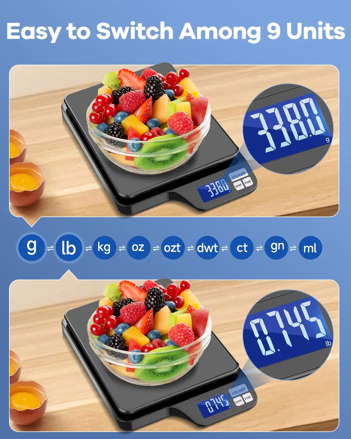 ميزان مطبخ كبير 5 كجم/11 رطل مع دقة عالية 0.1 جرام/0.01 أونصة، ميزان طعام قابل لإعادة الشحن عبر USB، مقلاة من الفولاذ المقاوم للصدأ، مع وظيفة الفارغة