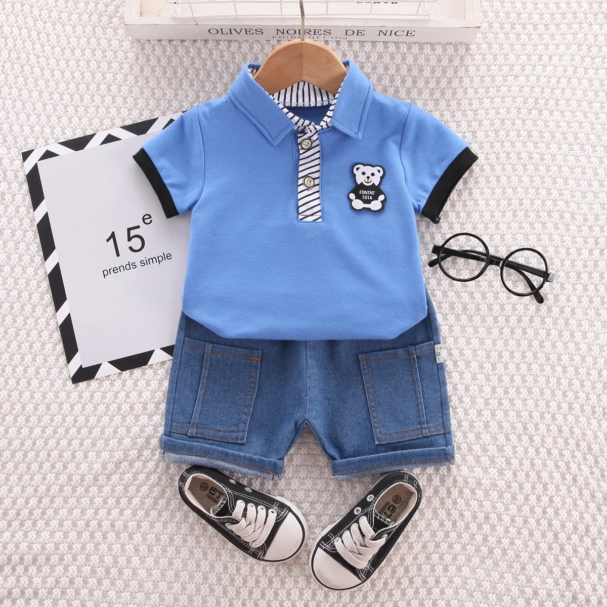 Baby Boys Summer Sets Clothing Korean Style Outfit For Kids Cartoon Short Sleeve Tops and Denim Shorts 12 18 Months Tracksuits