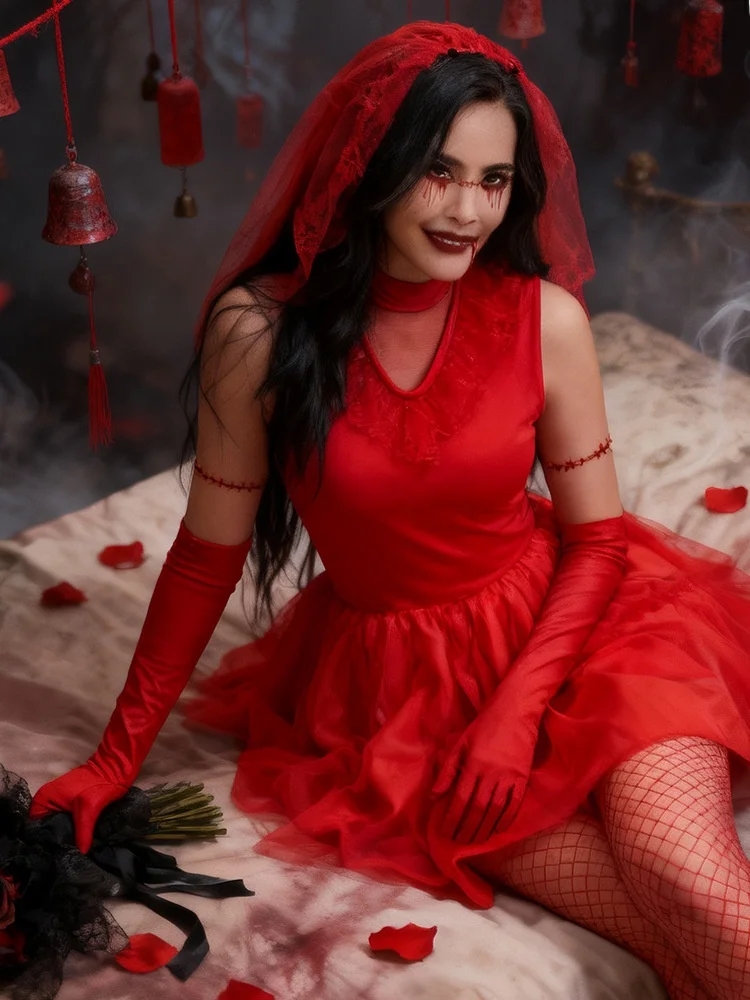 

2026 New Halloween Red Wedding Dress Costume Women's Ghost Bride Role Performance Outfit Chinese Manufacturer Spring Season