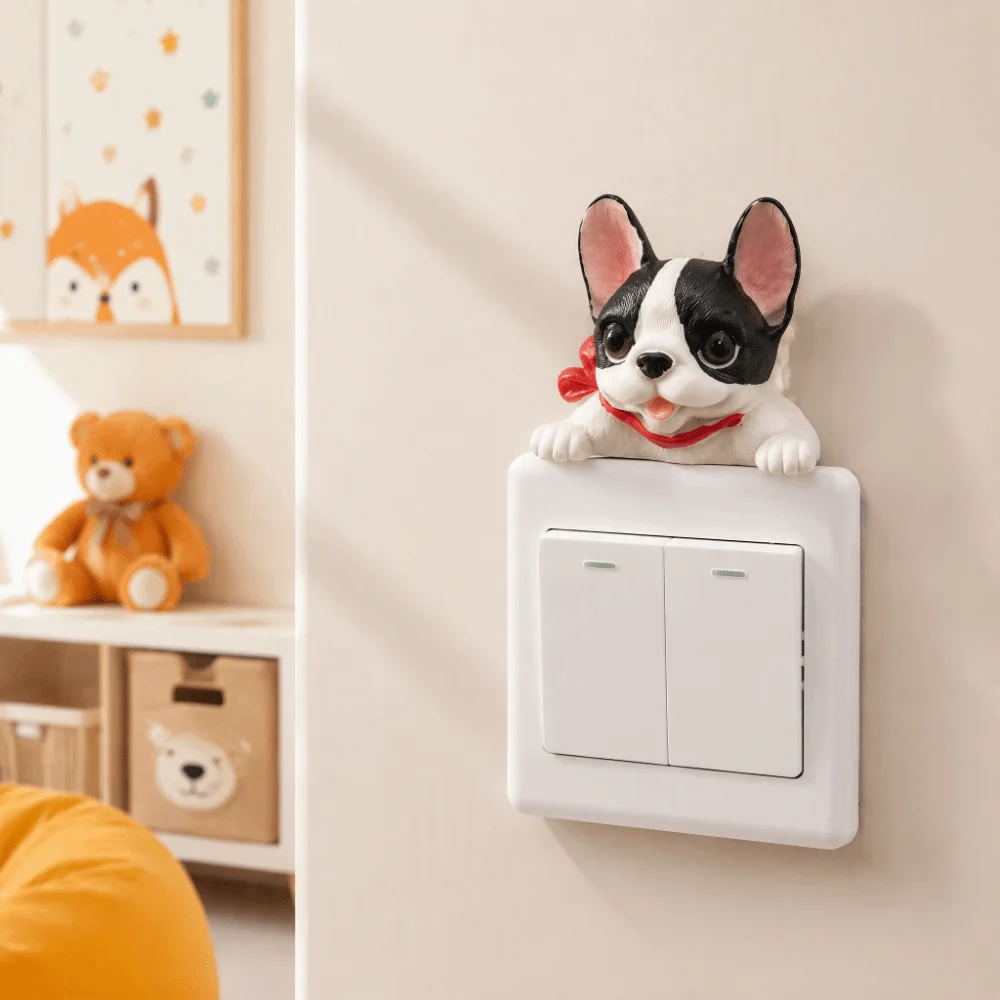 Self-Adhesive 3D Dog Wall Decals Decorations Cute Animal Wall Switch Stickers Funny Resin Socket Sticker Kids Room