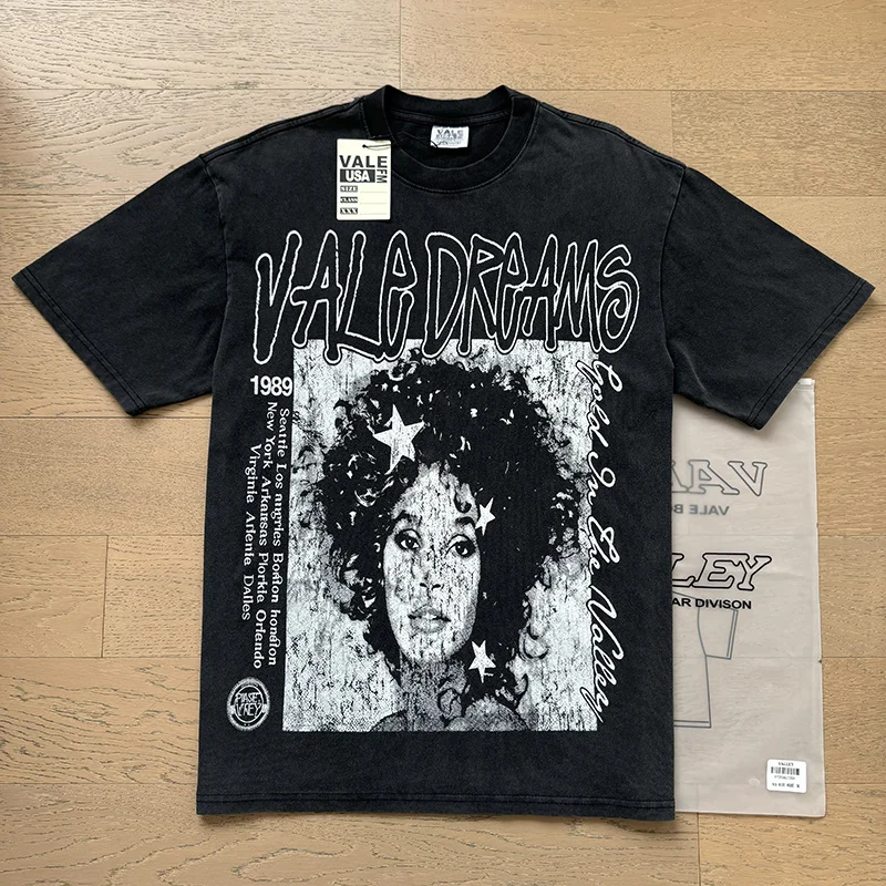 Vale Valley Trendy Brand Cotton Short Sleeve T-Shirt Vintage Washed Loose Fit Celebrity Print High Street Style Youth Fashion