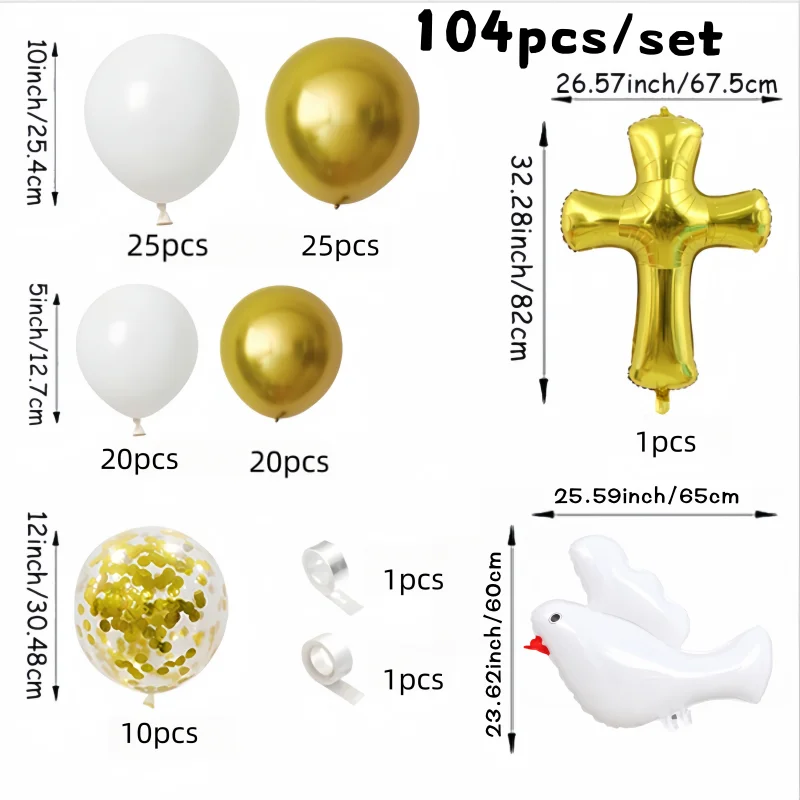 104Pcs Communion Theme Balloon Arch Set, White and Gold Latex Balloons, White Dove and Gold Cross Foil Balloons, Suitable for Birthday, Communion Theme Party Scene Decoration