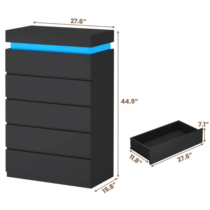 

High 5 Drawer Dresser with Light Emitting Diode, Black Modern Chest of Drawers for Bedroom