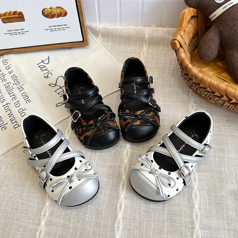 Little Girls Ballet-Style Mary Janes Fall 2026 Polka Dot Dress Shoes with Bowknot Princess Pumps Leather-Look Dress Shoes