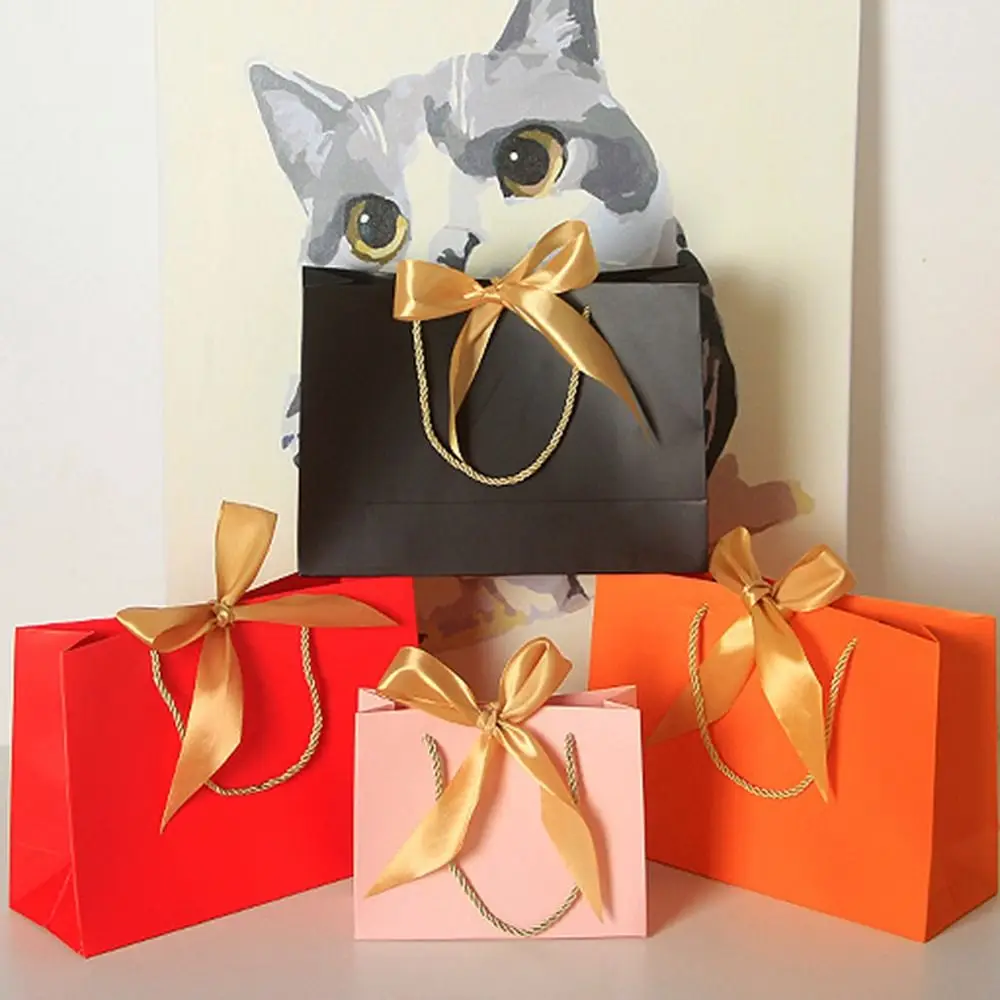 10Pcs Bow Ribbon Gift Paper Bag Portable Multi Color Clothing Handle Bag Convenient Reusable Wedding Gift Bag Graduation
