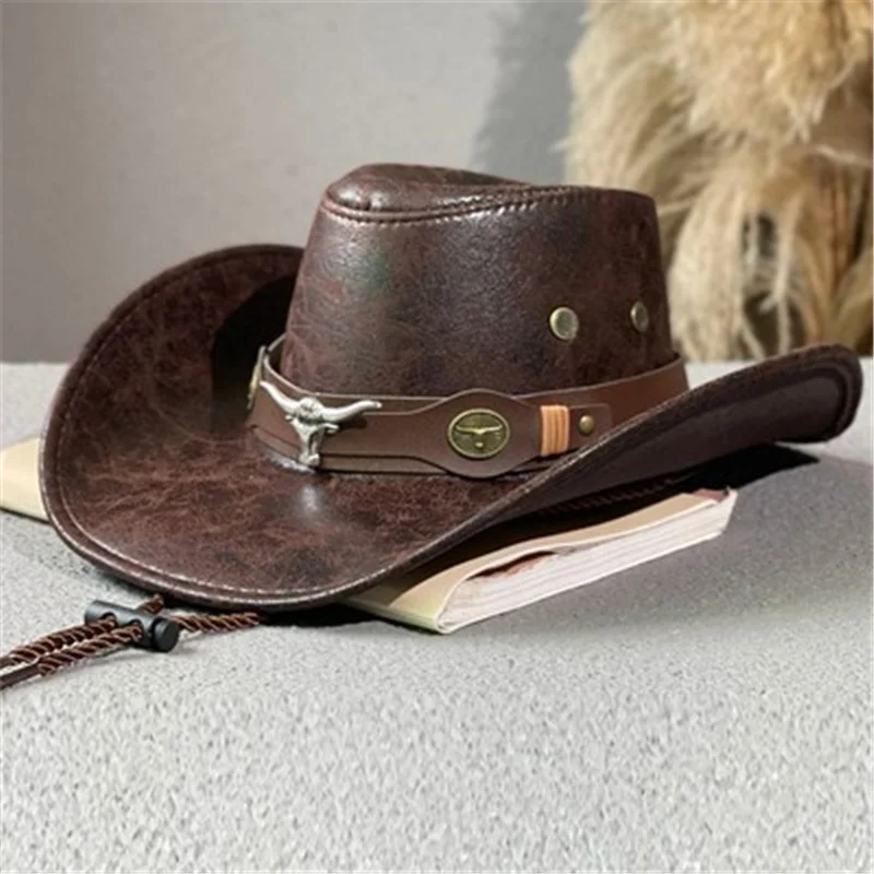 Faux Leather Western Cowboy Hats For Women Men Vintage Gentleman Dress HatsPanama Cowgirl Jazz Cap Sombrero Hombre